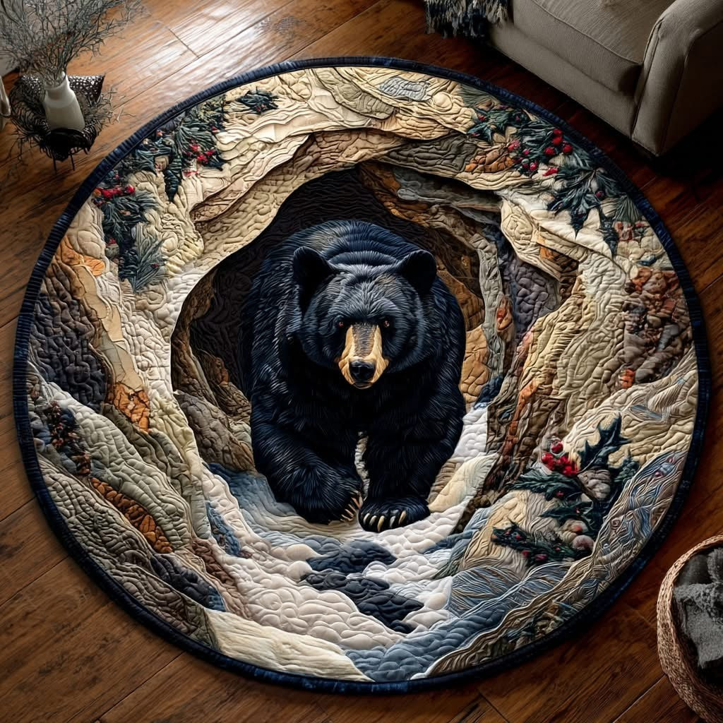 Black Bear Wild Quilted Round Mat Living Room Decor Gifts Ideas For Wildlife Lovers - Tradiviet
