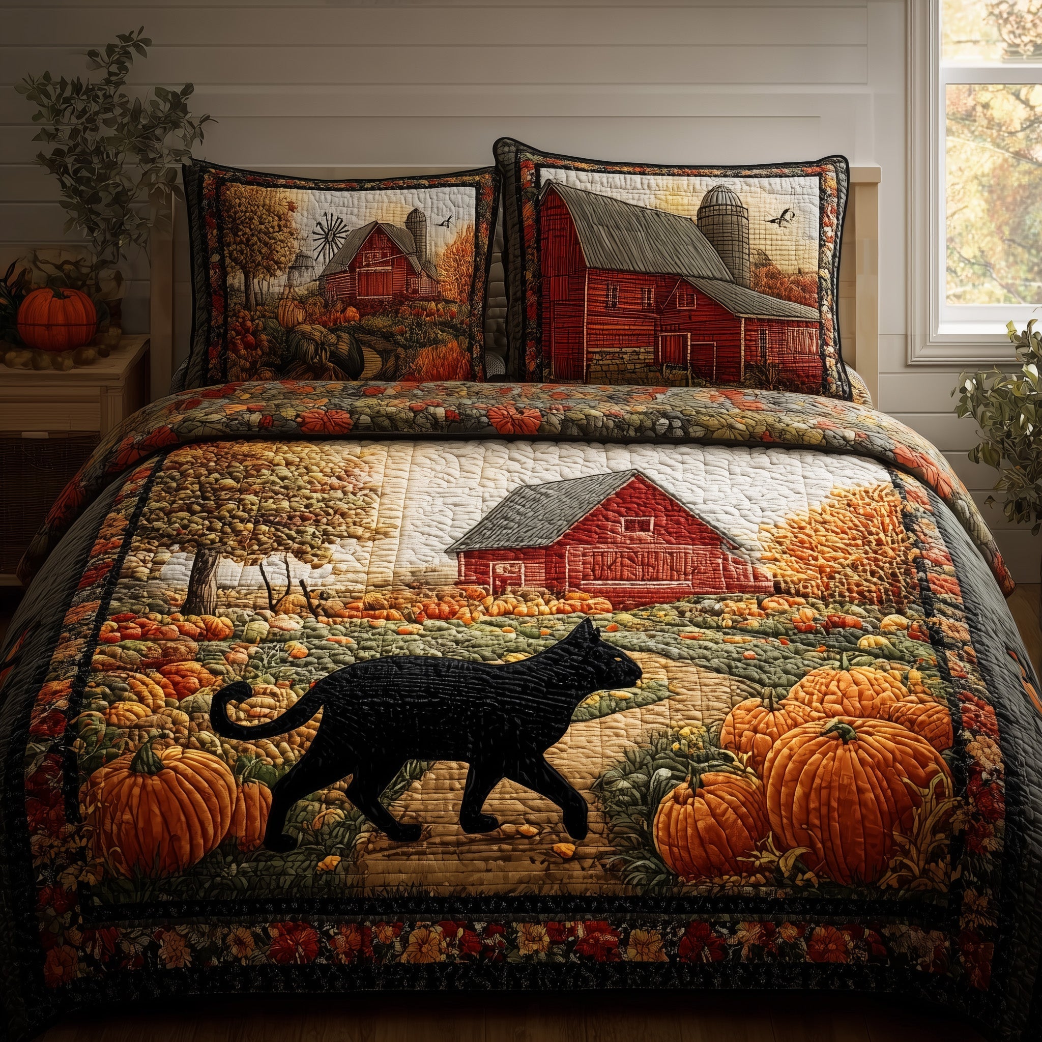 Black Cat Autumn Quilted Bedding Set Black Cat Aura Gift For Black Autumn - Tradiviet