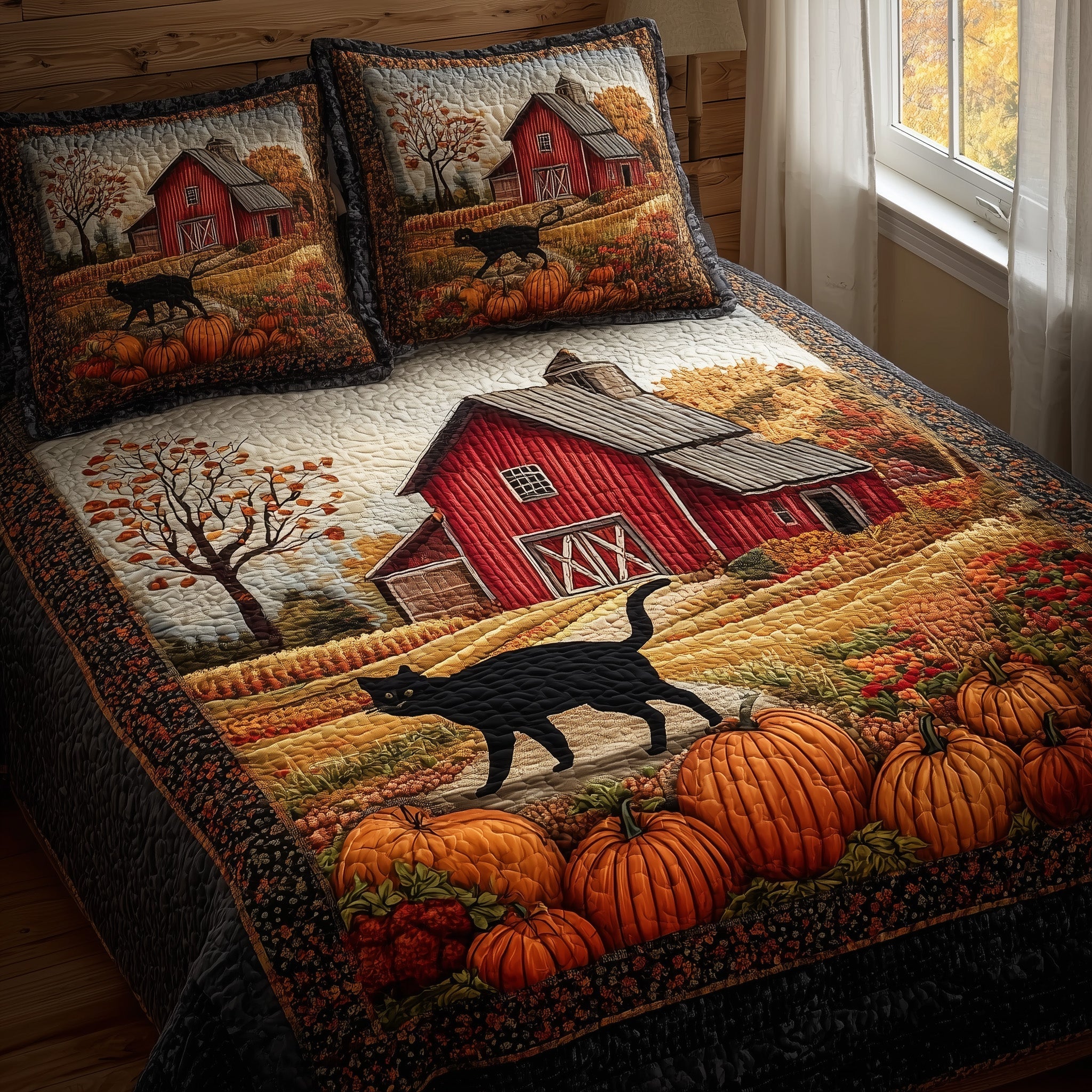 Black Cat Autumn Quilted Bedding Set Black Cat Feature Gift For Black Cat - Tradiviet