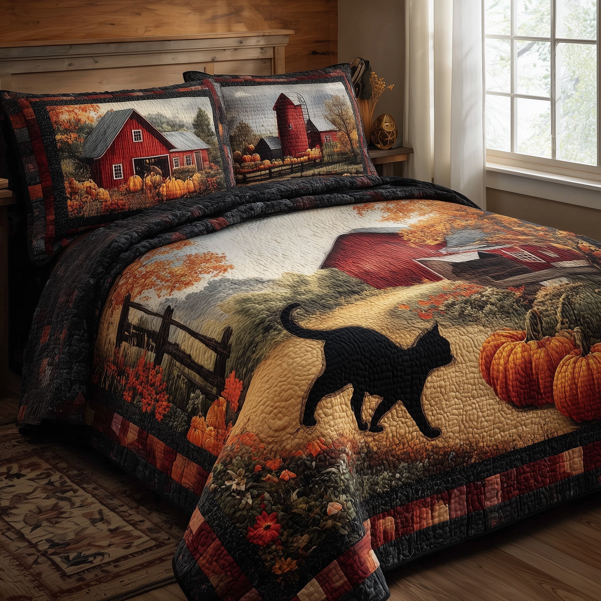 Black Cat Autumn Quilted Bedding Set Black Cat Nest Gift For Cat Autumn - Tradiviet