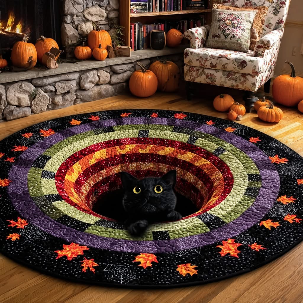 Black Cat Autumn Swirl Quilted Round Mat Circle Rug Floor Fall House Decorations Gifts - Tradiviet