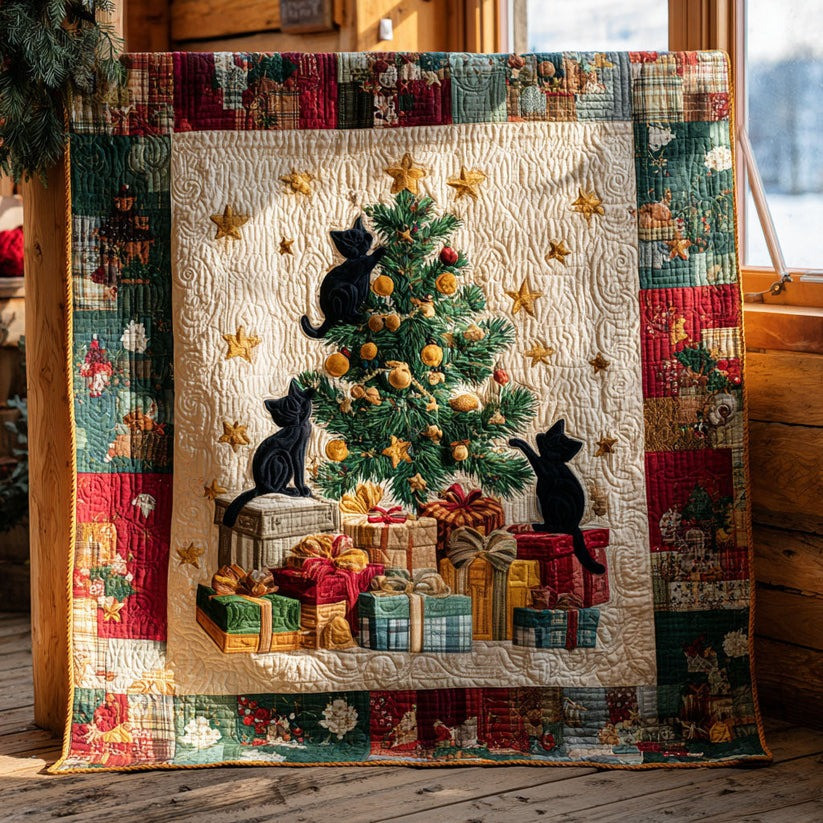 Black Cat Christmas Eve Quilt Blanket Cute Holiday Xmas Cat Themed Gifts Ideas - Tradiviet