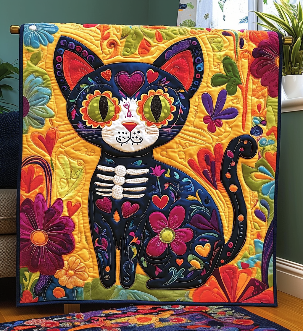 Black Cat Dia De Los Muertos Quilted Blanket Holiday Home Decor Gift For Decor Home - Tradiviet