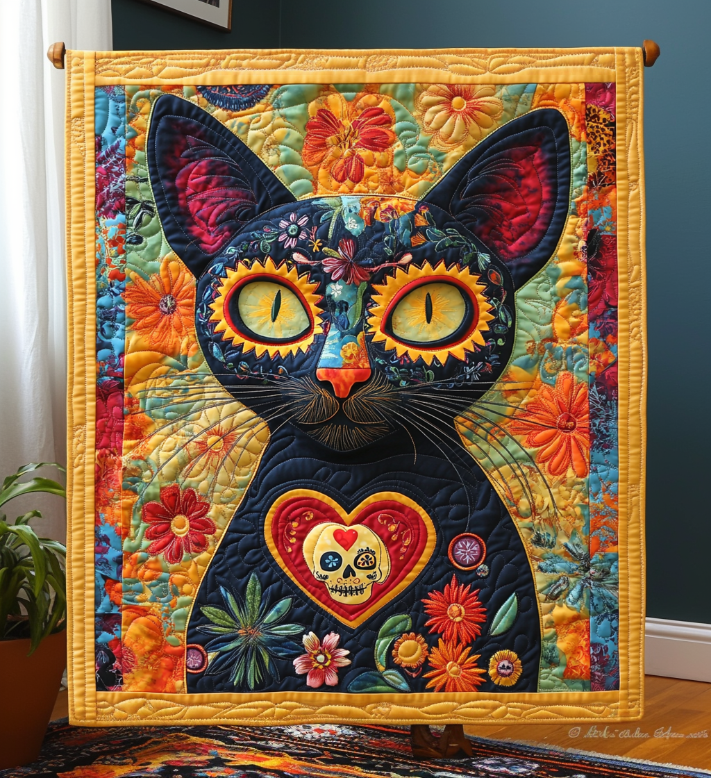 Black Cat Dia De Los Muertos Quilted Blanket Home Decor Gift For Teacher - Tradiviet