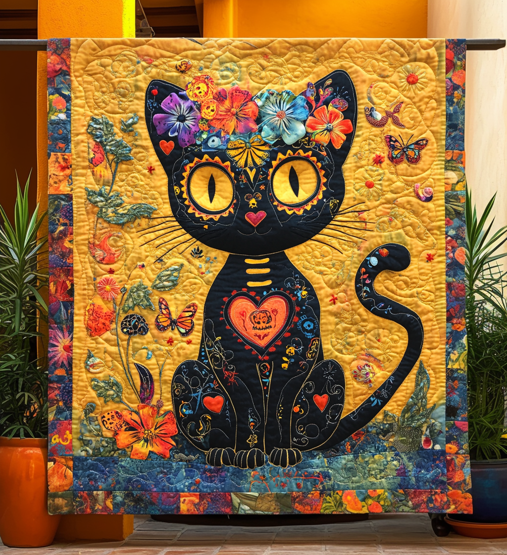 Black Cat Dia De Los Muertos Quilted Blanket House Decorations Inside Gift For Home Decor - Tradiviet