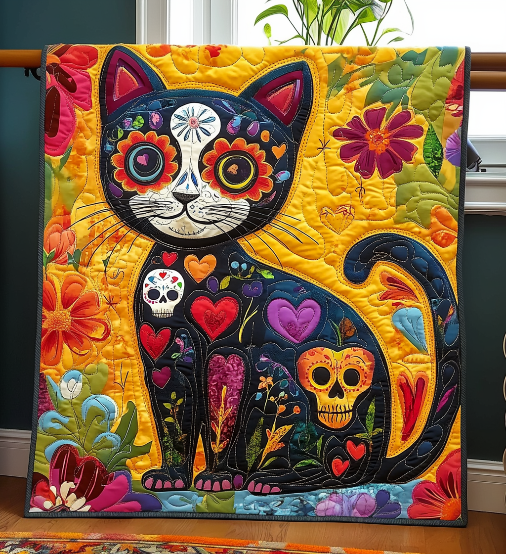 Black Cat Dia De Los Muertos Quilted Blanket Room Decor Gift For Coworker - Tradiviet
