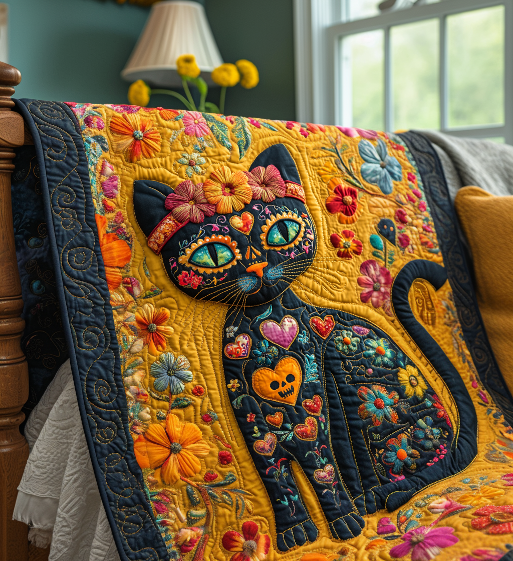 Black Cat Dia De Los Muertos Quilted Blanket Room Decorations Gift For Room Decor - Tradiviet