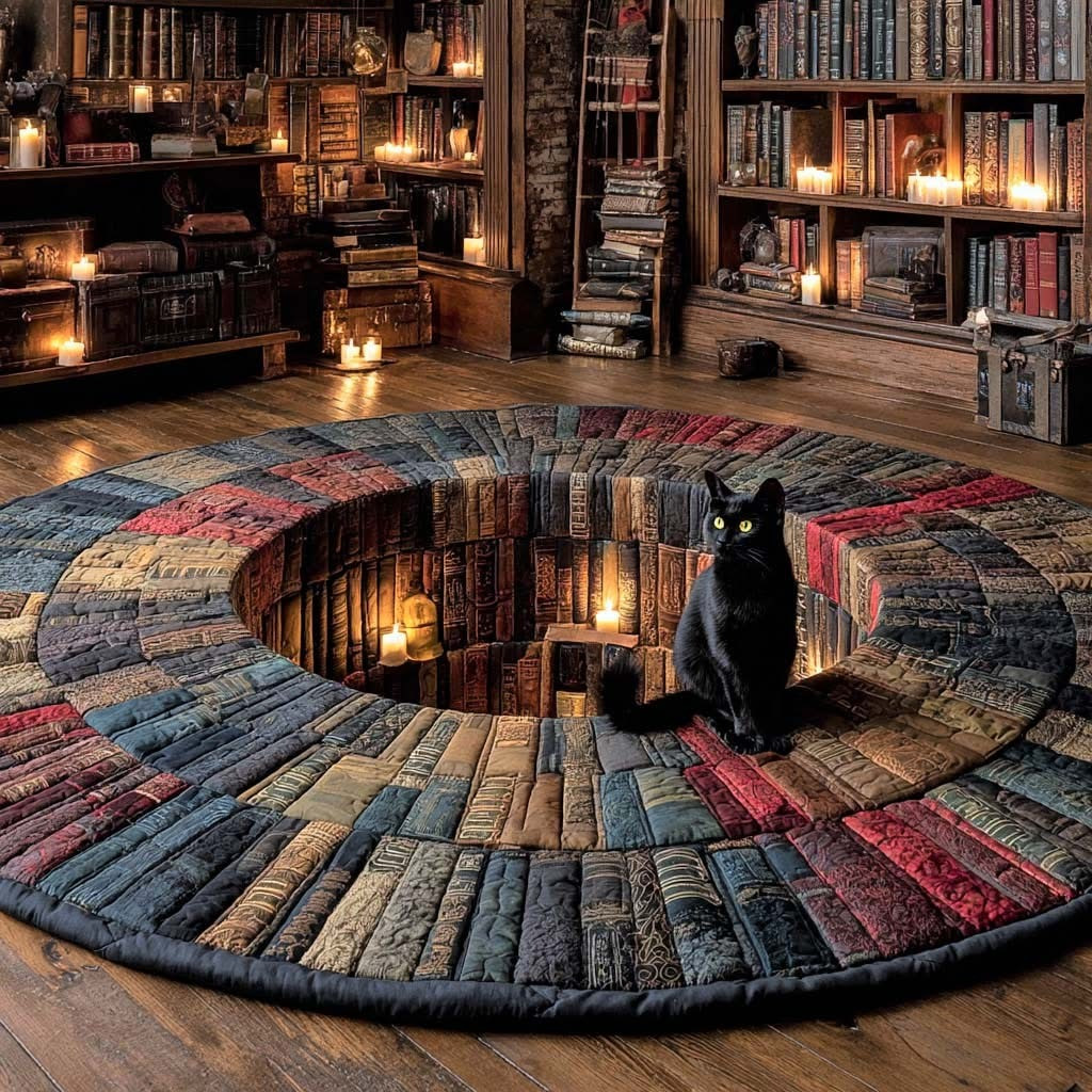 Black Cat Furry Reads Quilted Round Mat Home Decorations Gifts For Book Lovers - Tradiviet