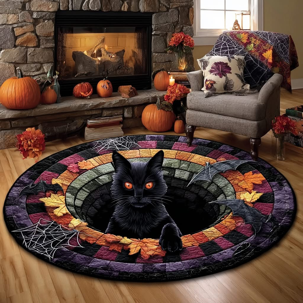 Black Cat Halloween Whirl Quilted Round Mat Circle Rug Floor Decoration Themed Best Gifts - Tradiviet