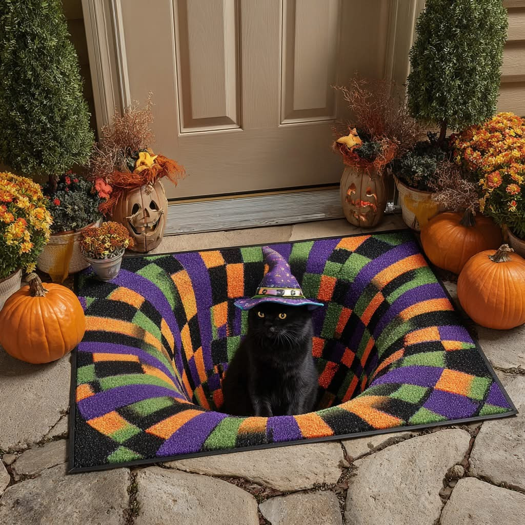 Black Cat Hollow Halloween Doormat Spiral Abyss Hollow Whirl Swirl Mat Decorations - Tradiviet