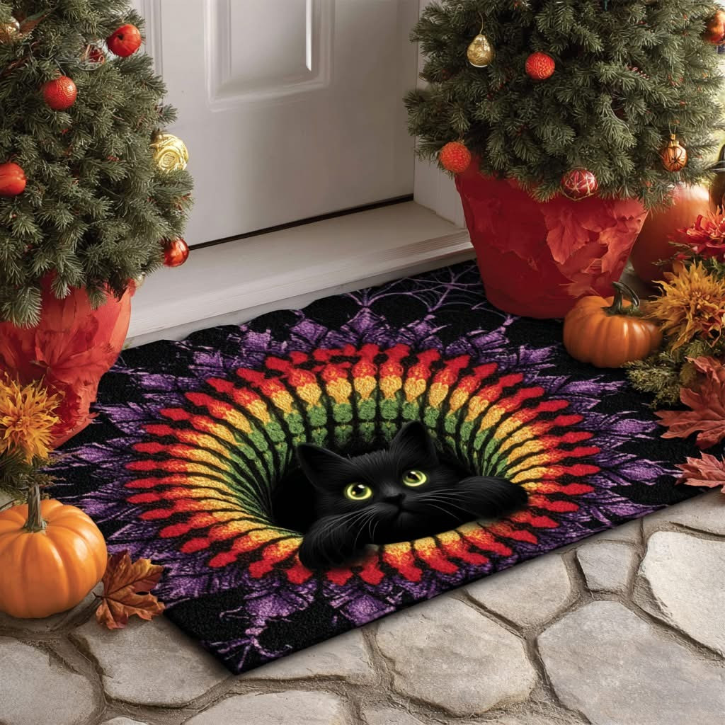Black Cat Hollow Spiral Halloween Doormat Indoor Decorations Black Cat Themed Gifts - Tradiviet