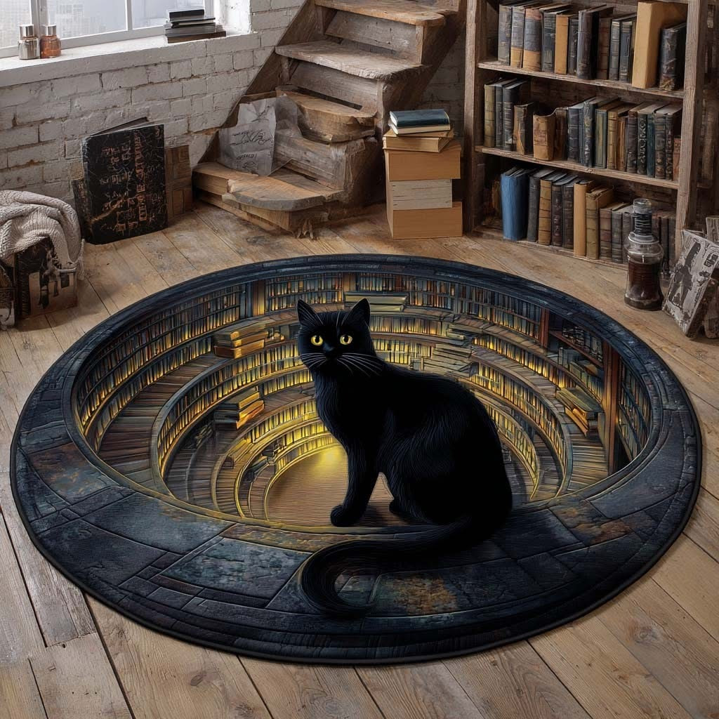 Black Cat In Library Quilted Round Mat Bookish Cat Mat Christmas Decor Gift For Her - Tradiviet