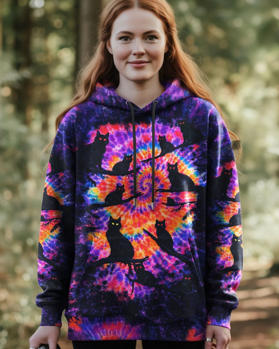 Black Cat In The Dark Tie Dye Hoodie Women's Groovy Clothing Best Gifts For Cat Lovers - Tradiviet
