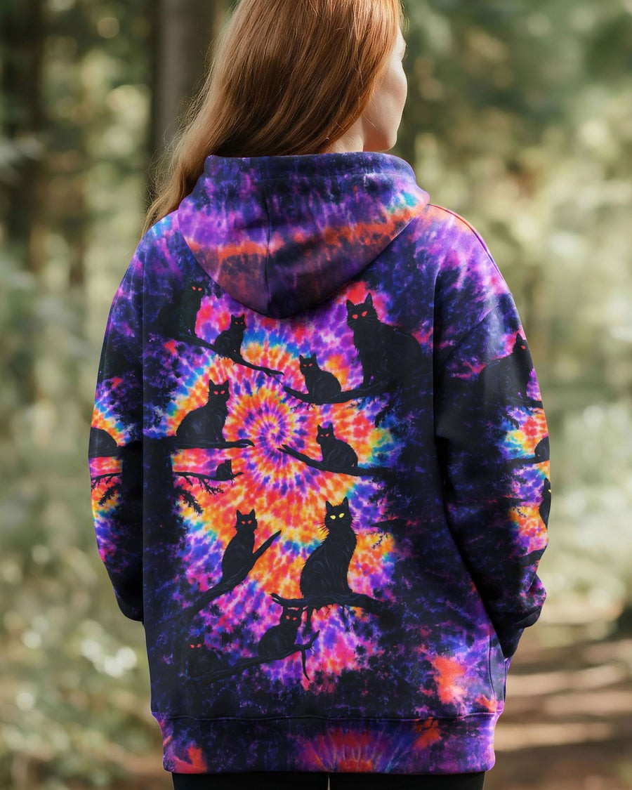 Black Cat In The Dark Tie Dye Hoodie Women's Groovy Clothing Best Gifts For Cat Lovers - Tradiviet - Image 2