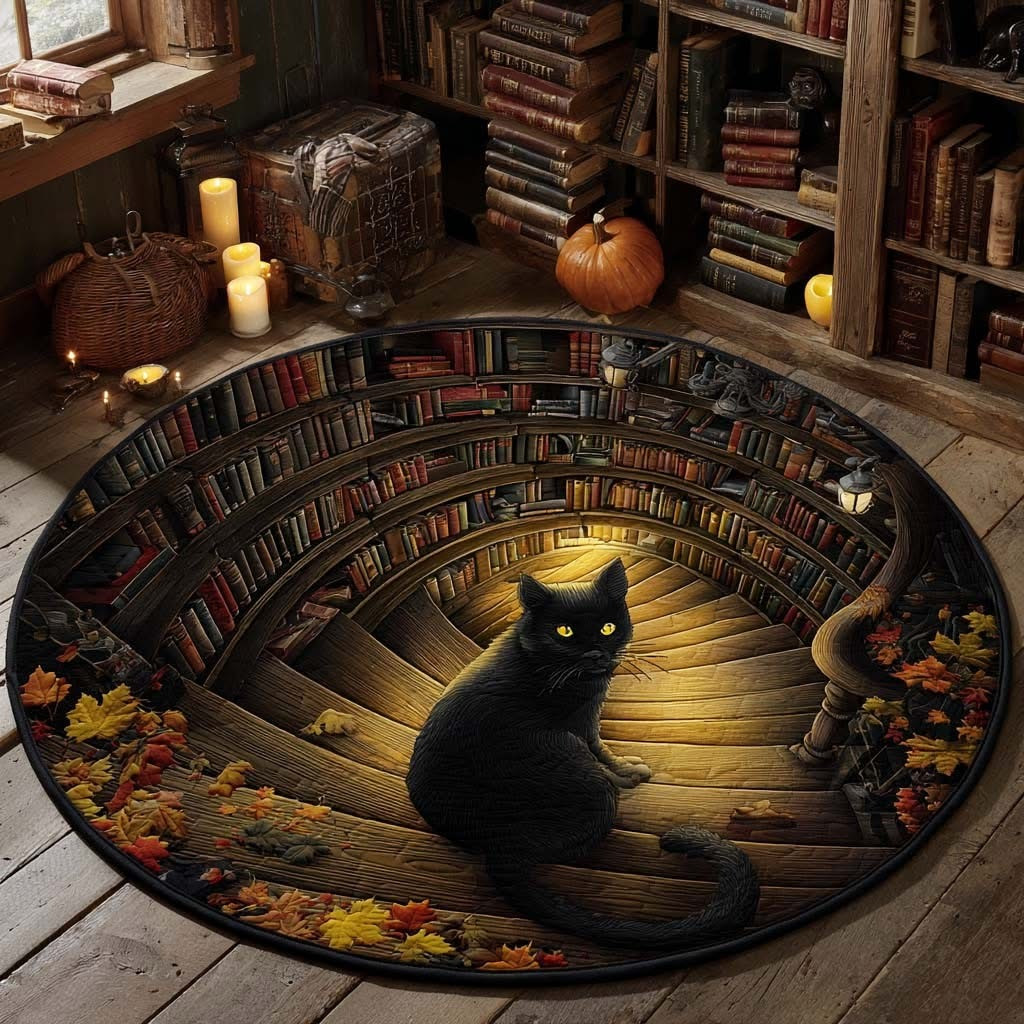 Black Cat Library Quilted Round Mat Autumn Vibe Decor Mat Christmas Present Ideas - Tradiviet