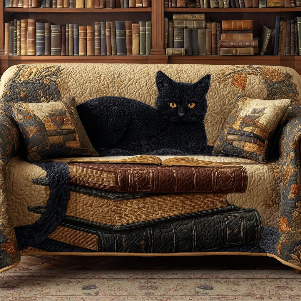 Black Cat Library Quilted Sofa Cover Best Couch Covers Cool Gifts For Book Lovers - Tradiviet