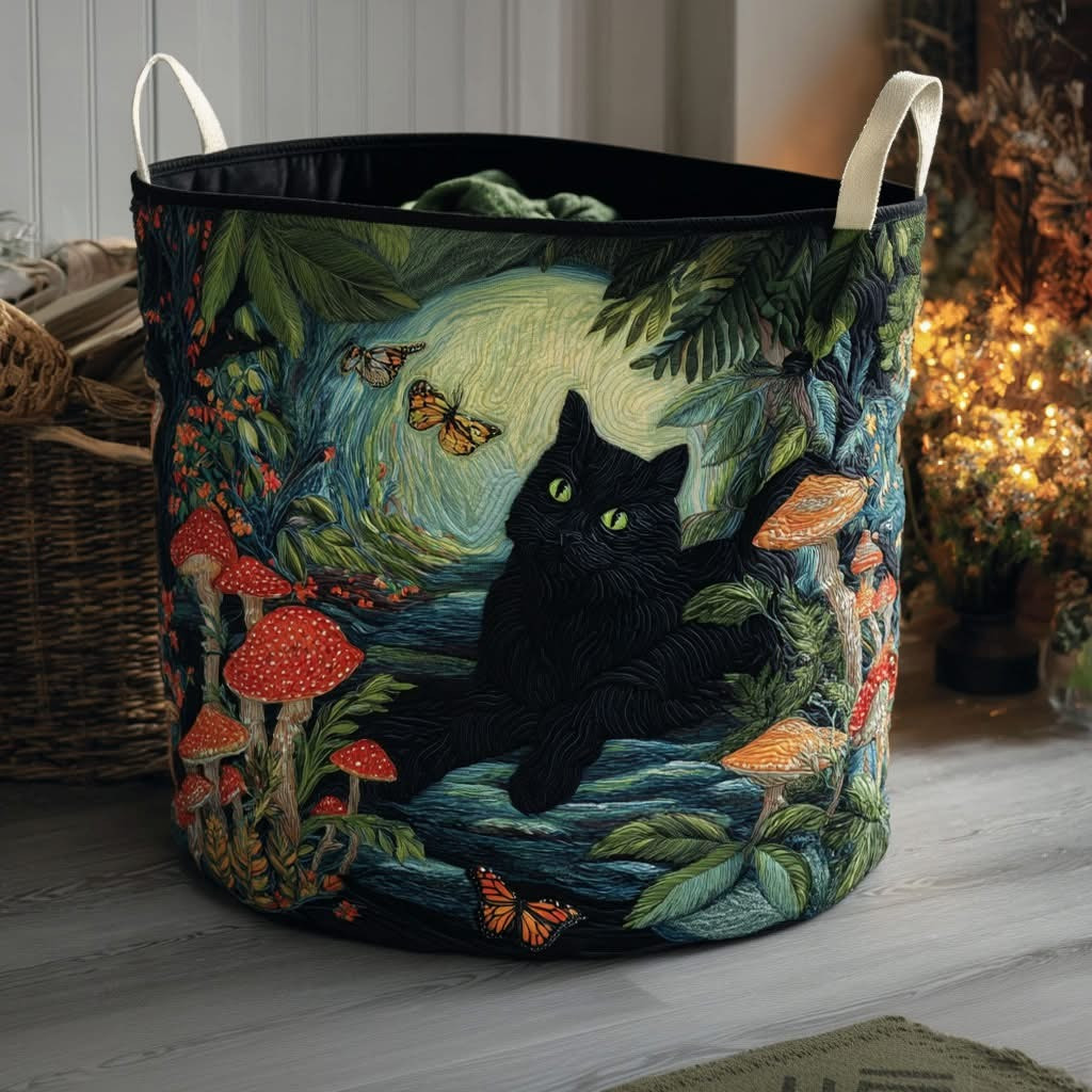 Black Cat Meadow Quilted Laundry Basket Cute Animal Hamper Basket Gifts For Cat Lovers - Tradiviet