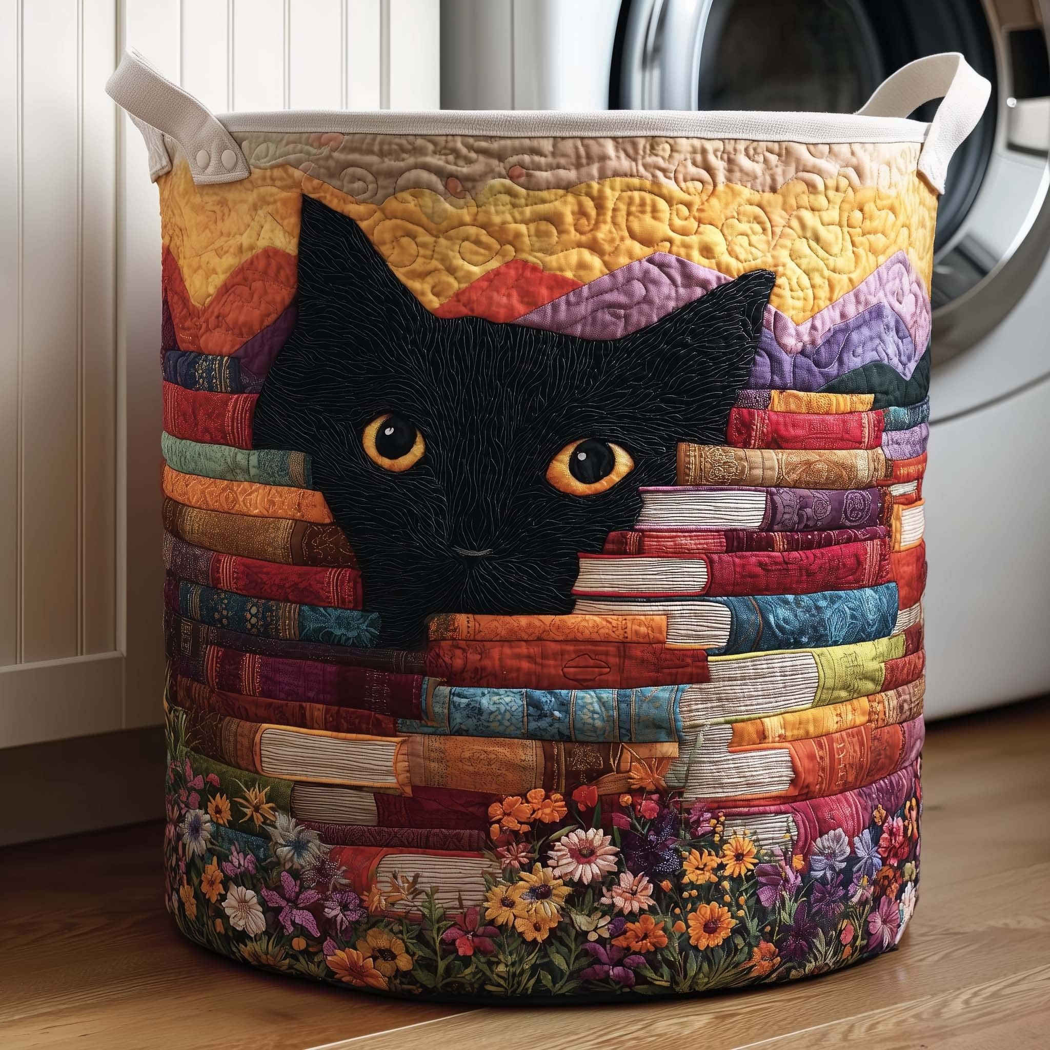 Black Cat Midnight Book Quilted Laundry Basket Book Lover Laundry Basket Home Decorations - Tradiviet