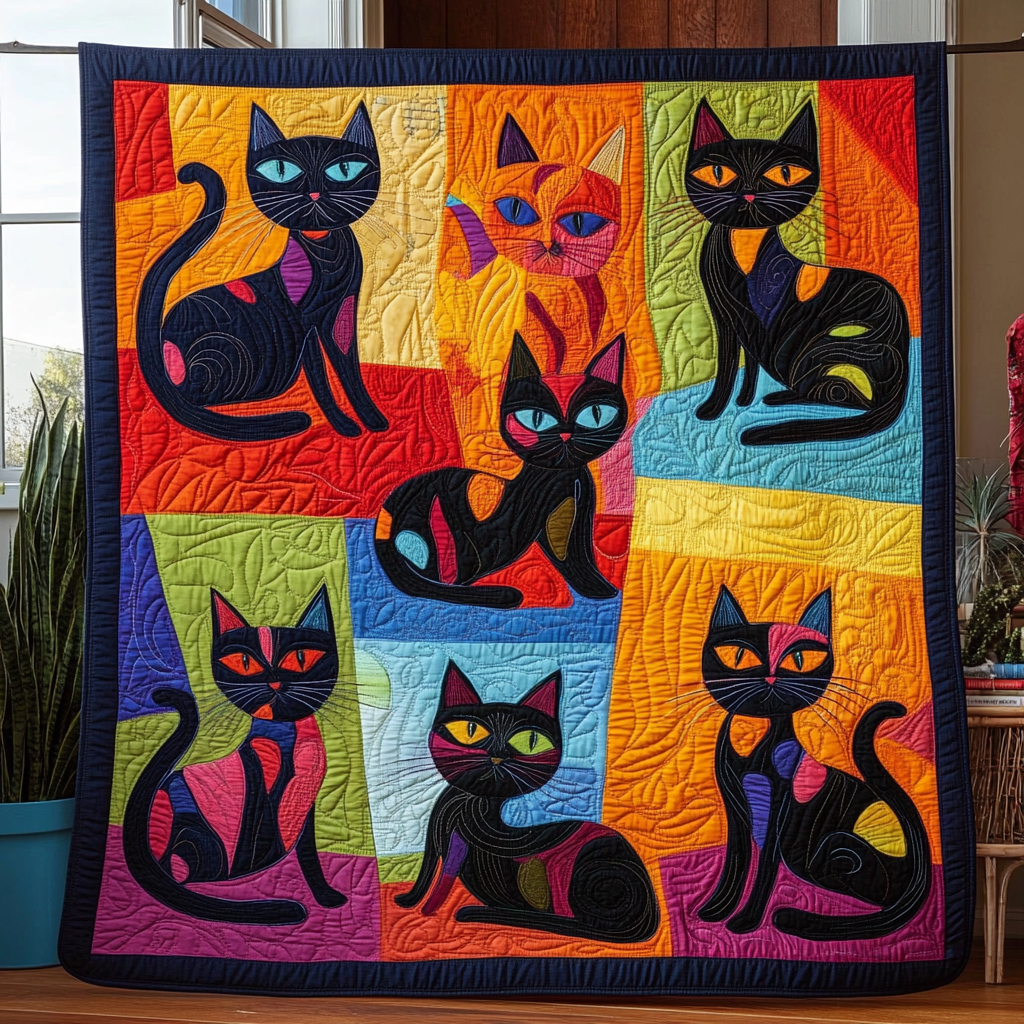 Black Cat Playing Quilted Blanket 4Th Of July Gift For Living Room - Tradiviet