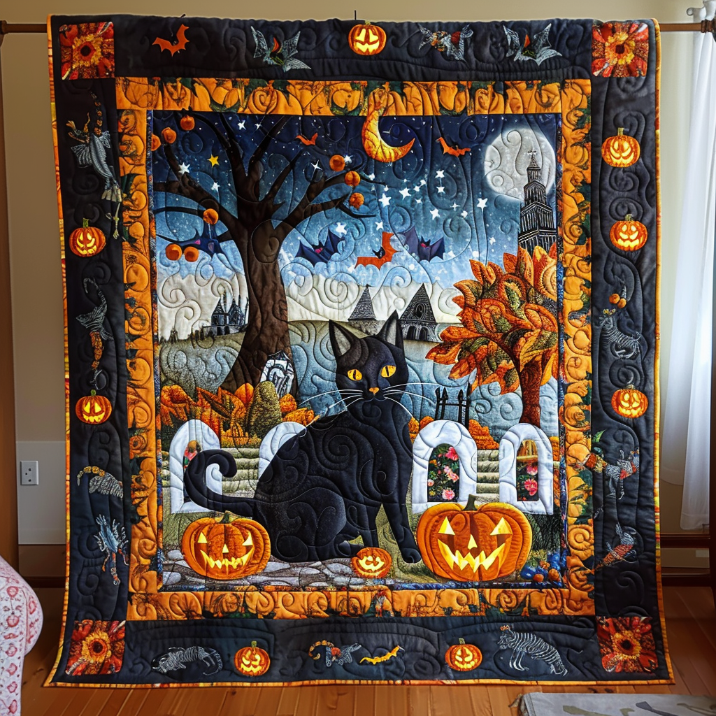 Black Cat Pumpkin Quilted Blanket 4Th Of July Apparel Gift For Bedroom Decor - Tradiviet