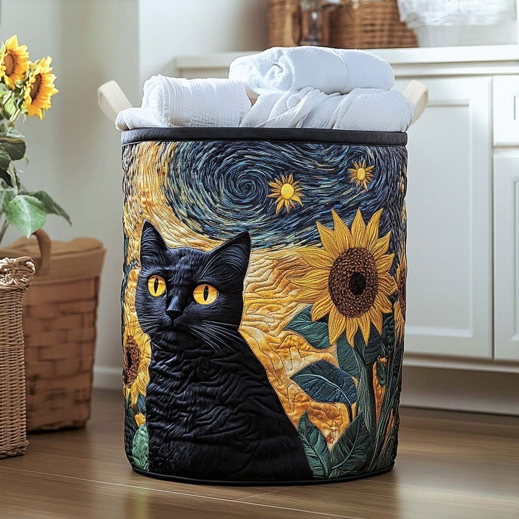 Black Cat Quilted Laundry Basket Starry Night Inspired Hamper Basket Cat Lovers Gifts - Tradiviet