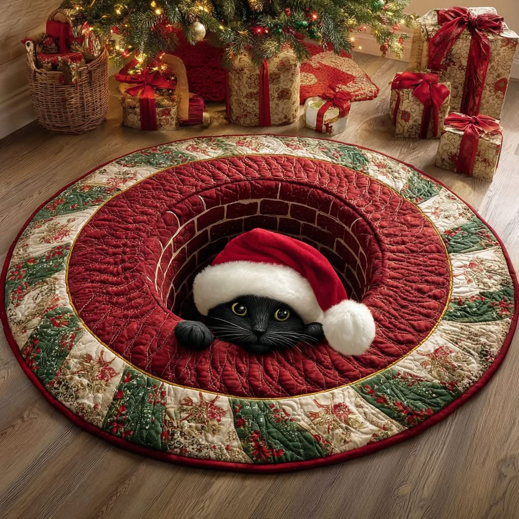 Black Cat Santa Tunnel Quilted Round Mat Cute Christmas Decor Gifts For Cat Lovers - Tradiviet