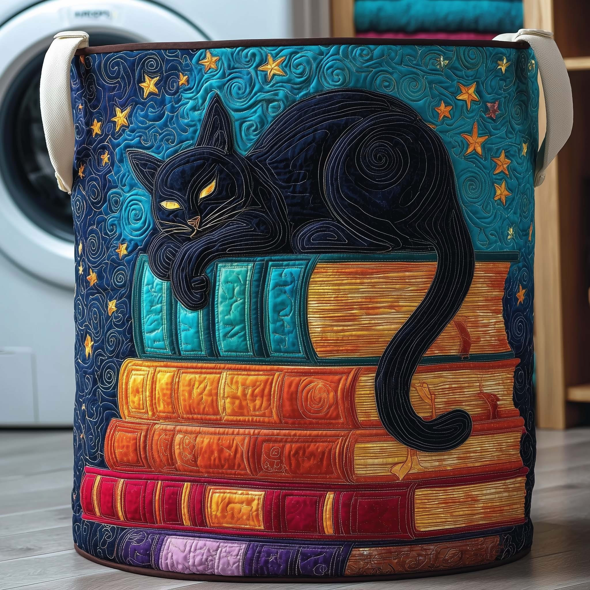 Black Cat Sleeping On Books Quilted Laundry Basket Storage Bin For Laundry Gifts For Cat Lovers - Tradiviet