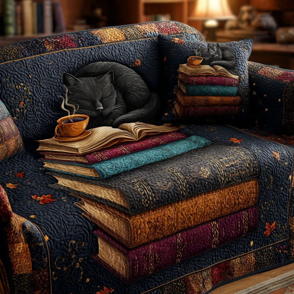 Black Cat Velvet Library Quilted Sofa Cover Couch Covers Best Gifts For Book Lovers - Tradiviet