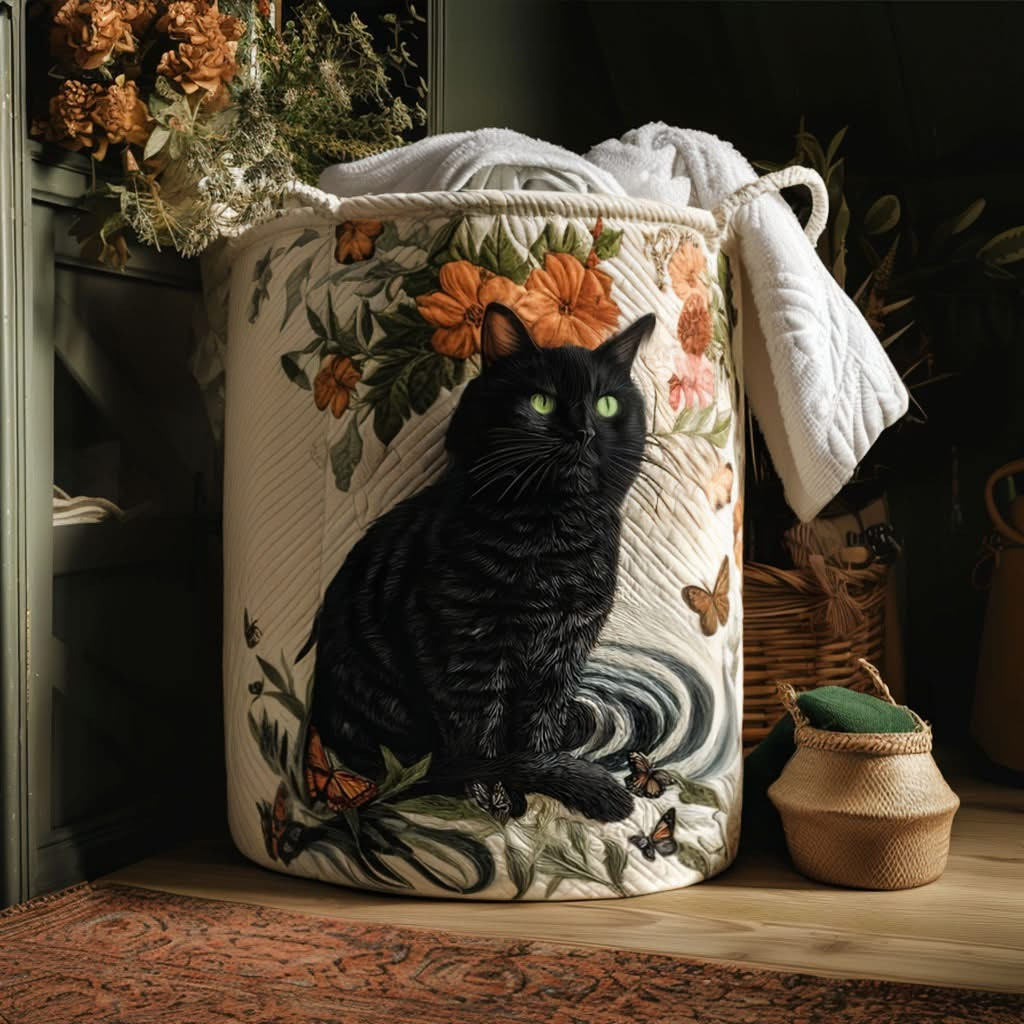 Black Cat Warm Whiskers Quilted Laundry Basket Best Laundry Basket Black Cat Gift Items - Tradiviet