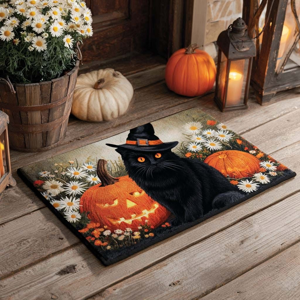 Black Cat Witch Pumpkin Halloween Doormat House Indoor Decorations Unique Gifts - Tradiviet