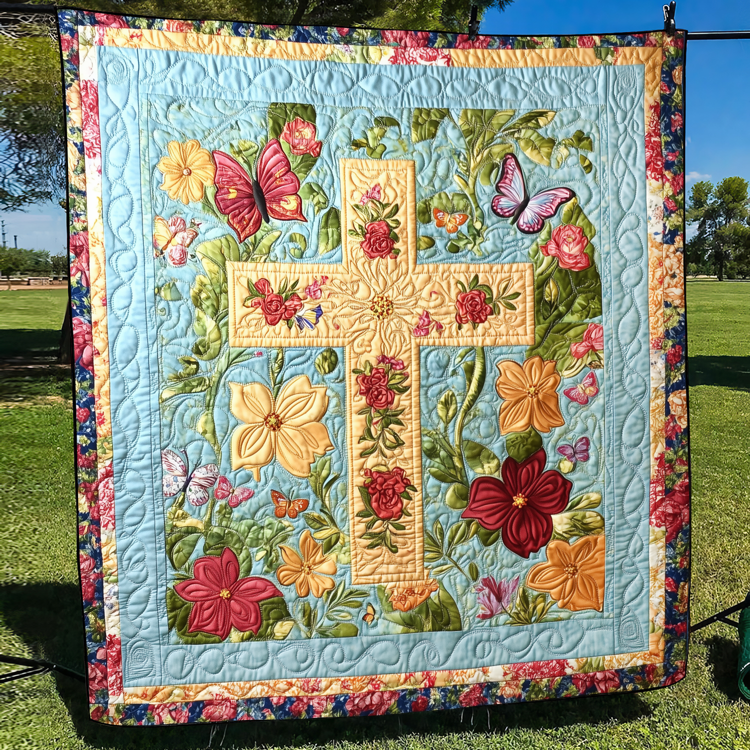 Blessed Cross Quilted Blanket Fourth Of July Gift For Family Decor - Tradiviet
