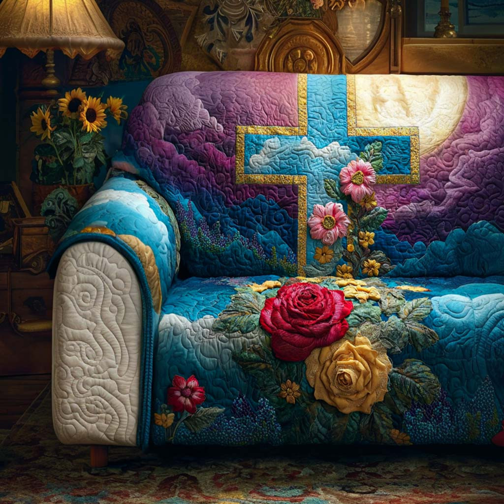 Blessed Crossmark Quilted Sofa Cover Sofa Covers For Sale Unique Religious Gifts - Tradiviet