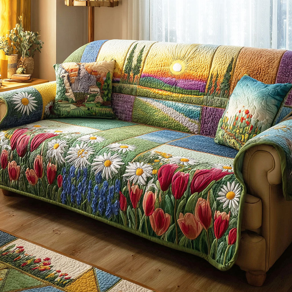 Bloom Fields Quilted Sofa Cover Best Couch Covers Mother's Day Gifts For Grandma - Tradiviet