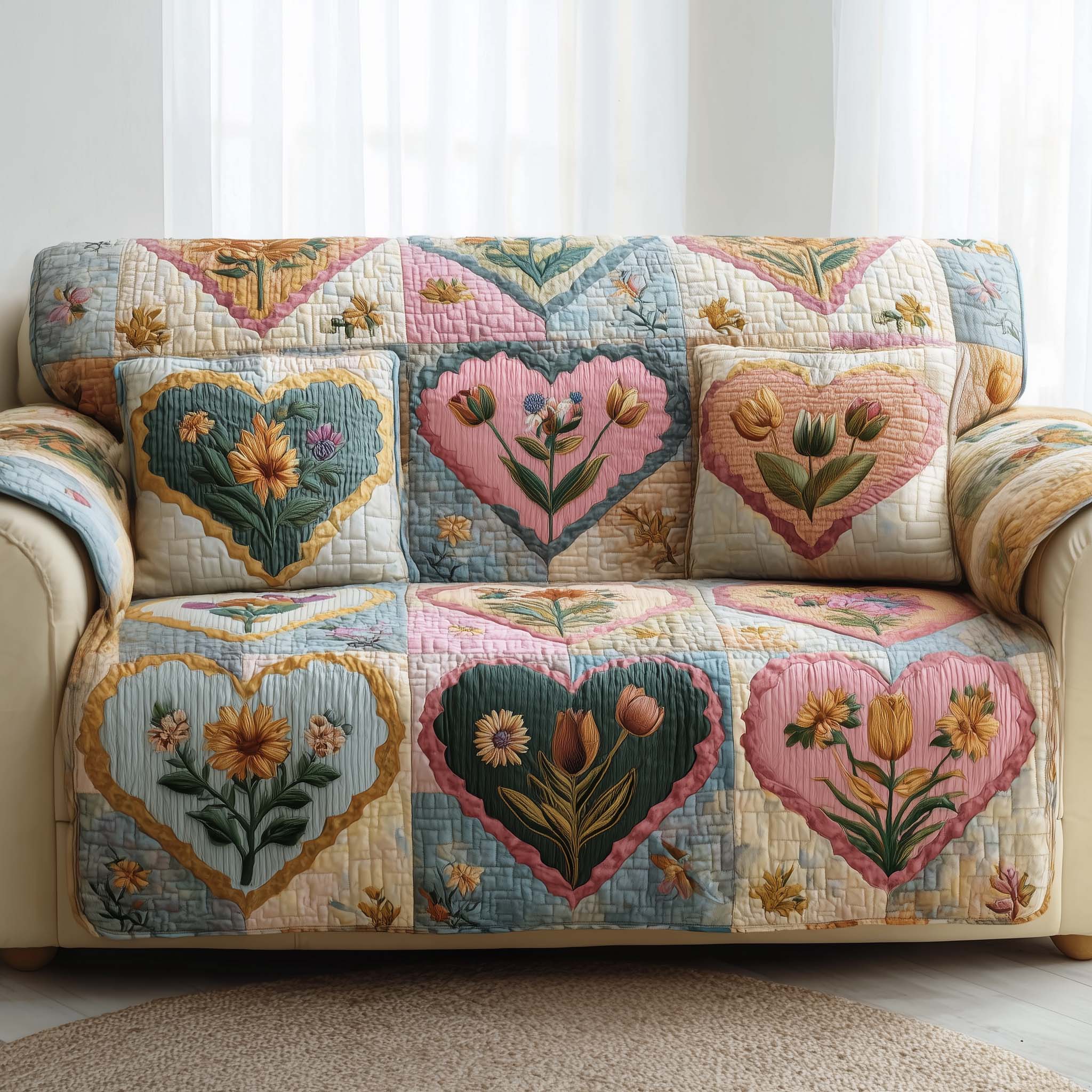 Bloom Patch Quilted Sofa Cover Floral Home Couch Cover Best Housewarming Gift Ideas - Tradiviet