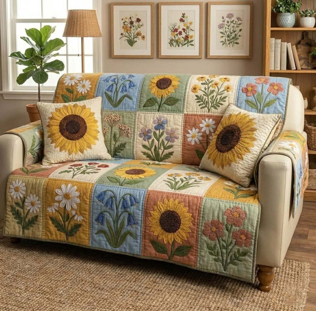 Bloom Patch Quilted Sofa Cover Floral Home Couch Cover Gift For Room Lovers - Tradiviet