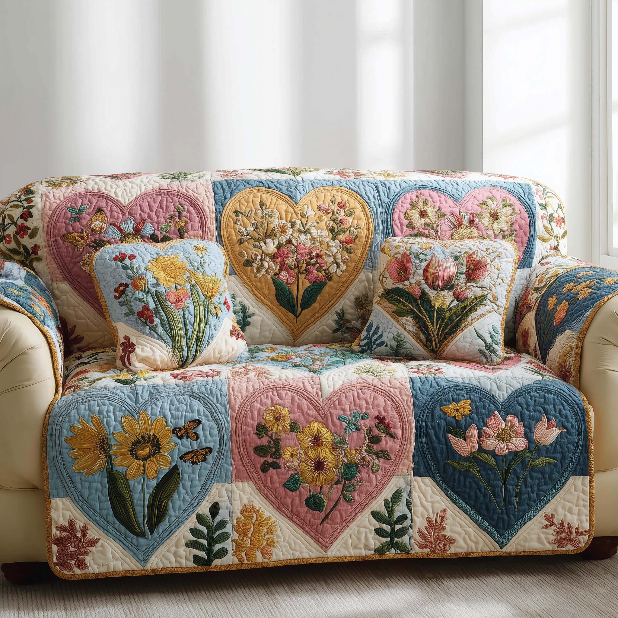 Bloom Patch Quilted Sofa Cover Floral Home Couch Cover Perfect Housewarming Gift Ideas - Tradiviet