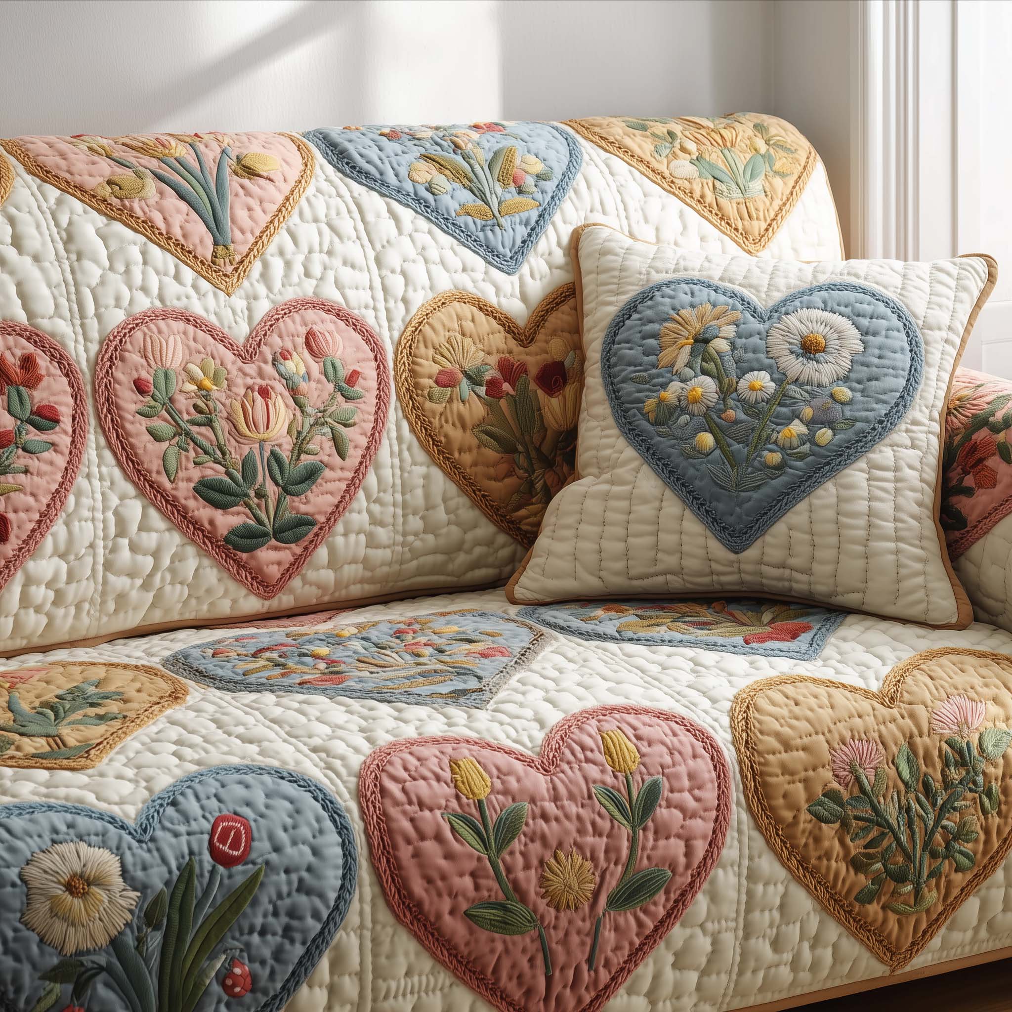 Bloom Patch Quilted Sofa Cover Floral Home Couch Cover Present For New Home - Tradiviet