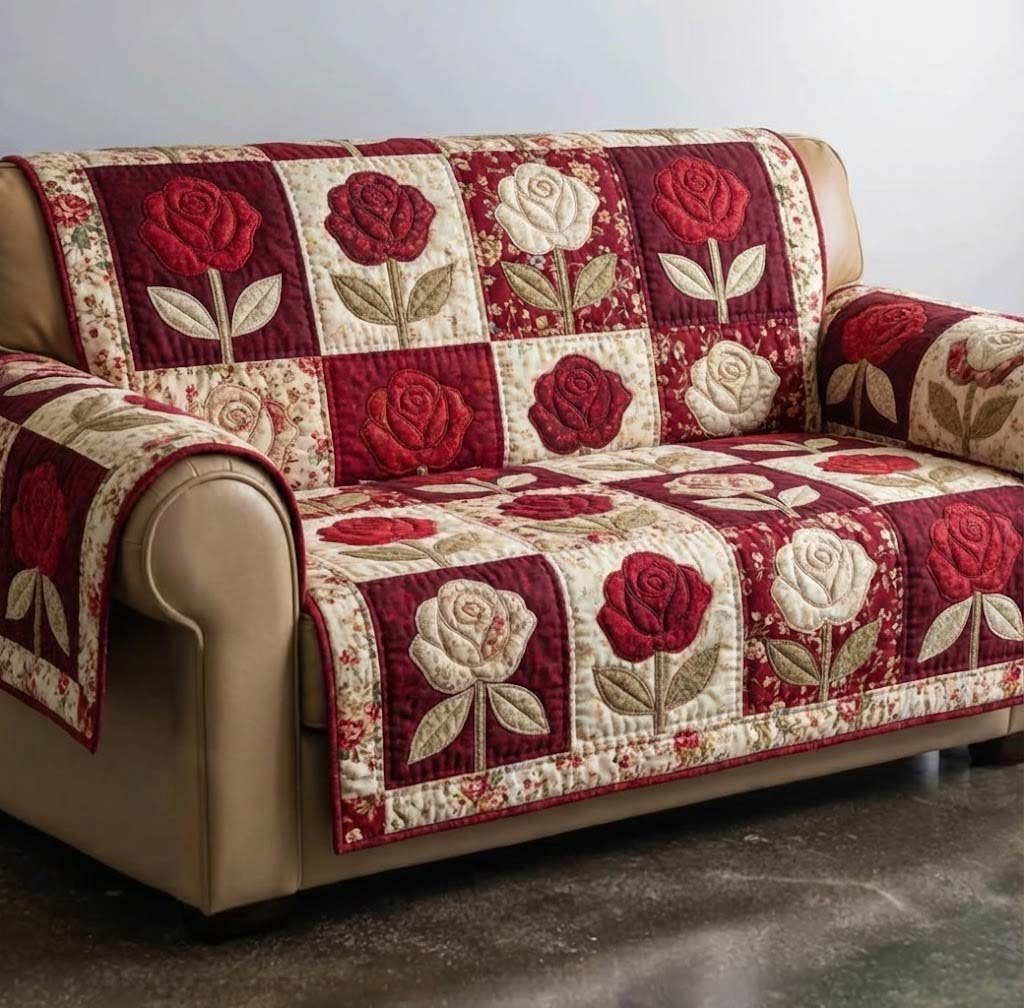 Bloom Patch Quilted Sofa Cover Floral Home Couch Cover Unique Housewarming Gift Ideas - Tradiviet