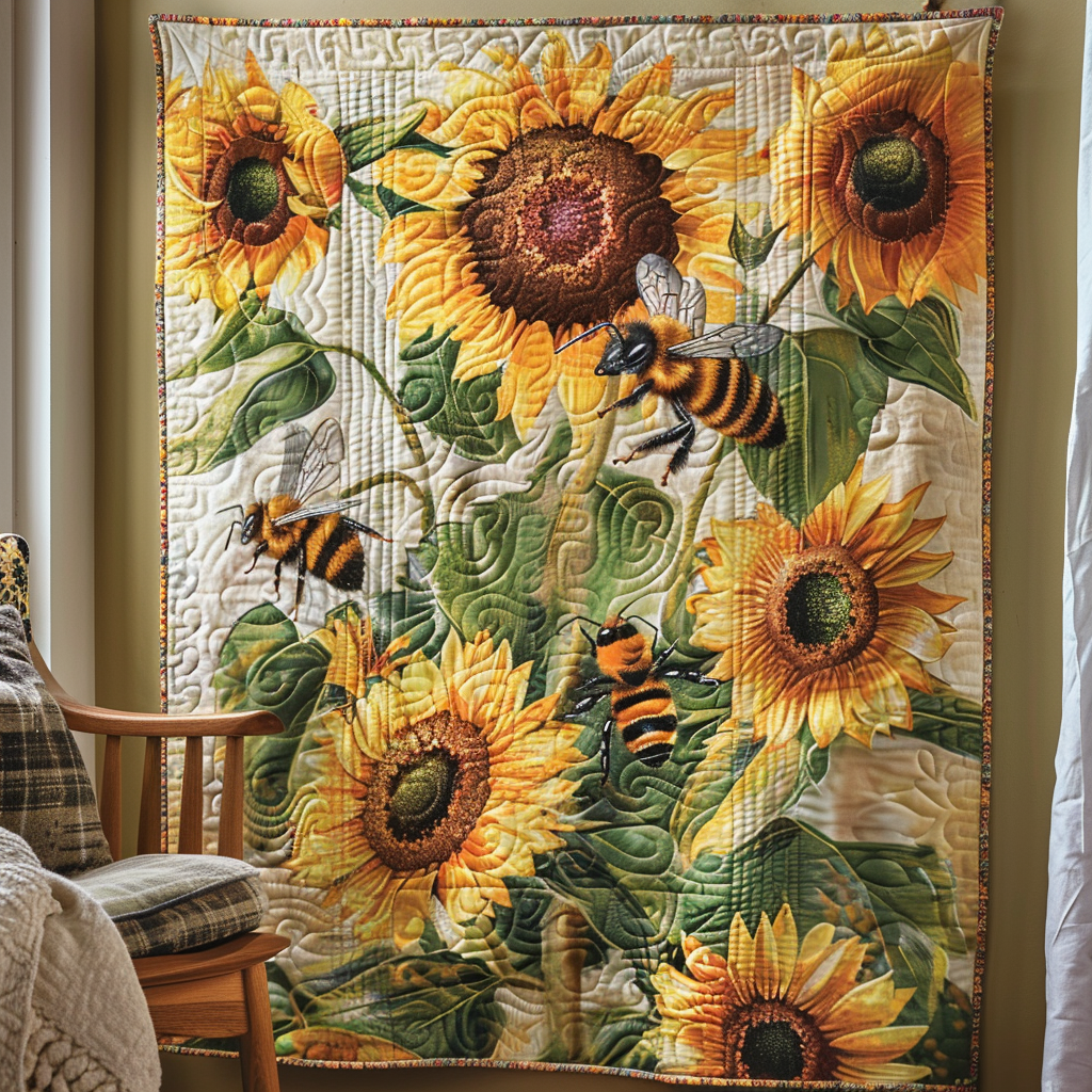 Blooming Bee Paradise Quilted Blanket Vacation House Decoration Gift For Veteran Dad - Tradiviet