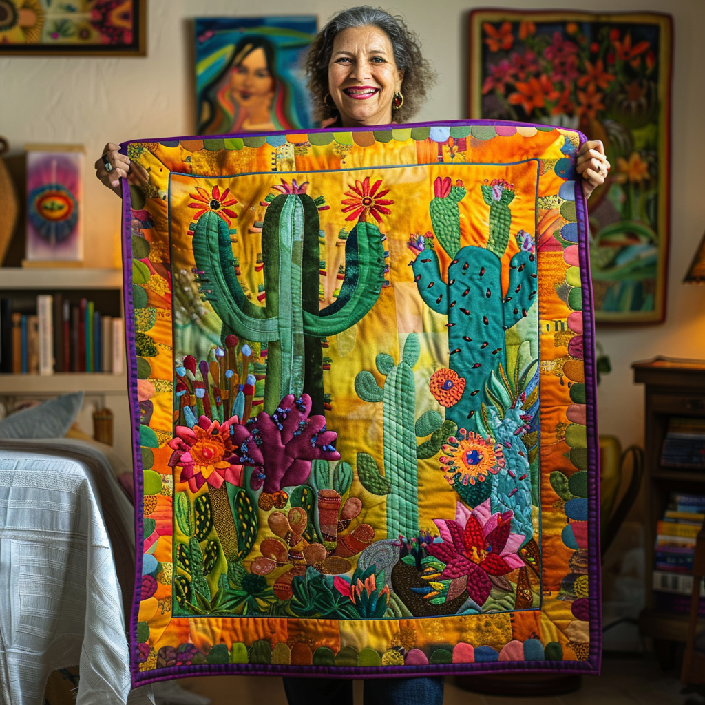 Blooming Cacti Quilted Blanket Home Decor Ideas Gift For Husband - Tradiviet