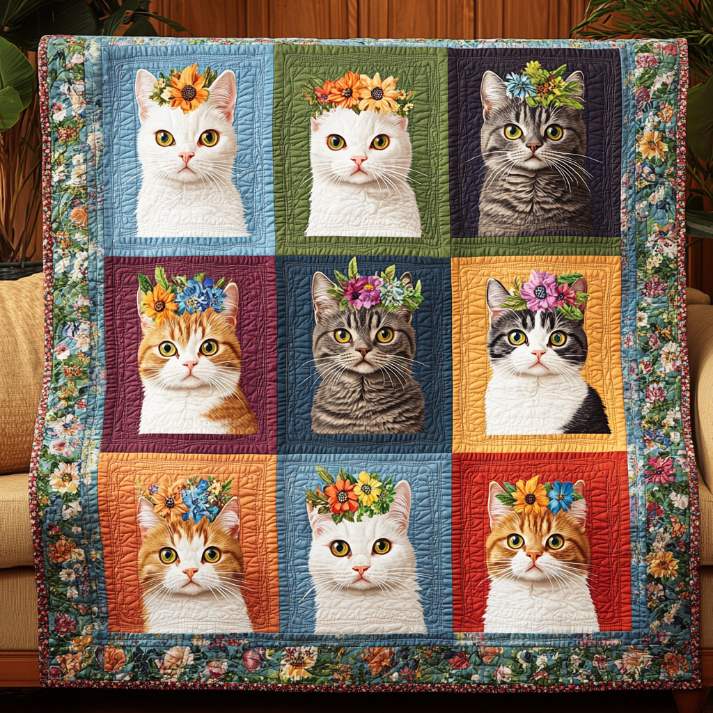 Blooming Cats Quilted Blanket Indoor Holiday Decorations Gift For Son - Tradiviet