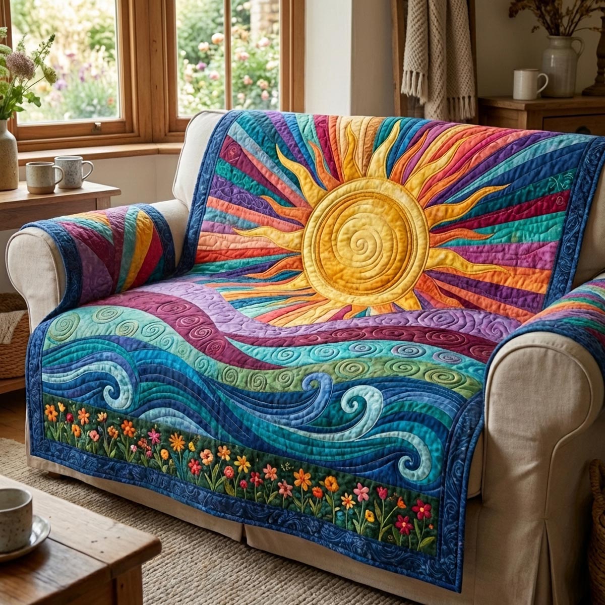 Blooming Horizon Quilted Sofa Cover Seasonal Home Room Decor Top Home Decor Gifts - Tradiviet