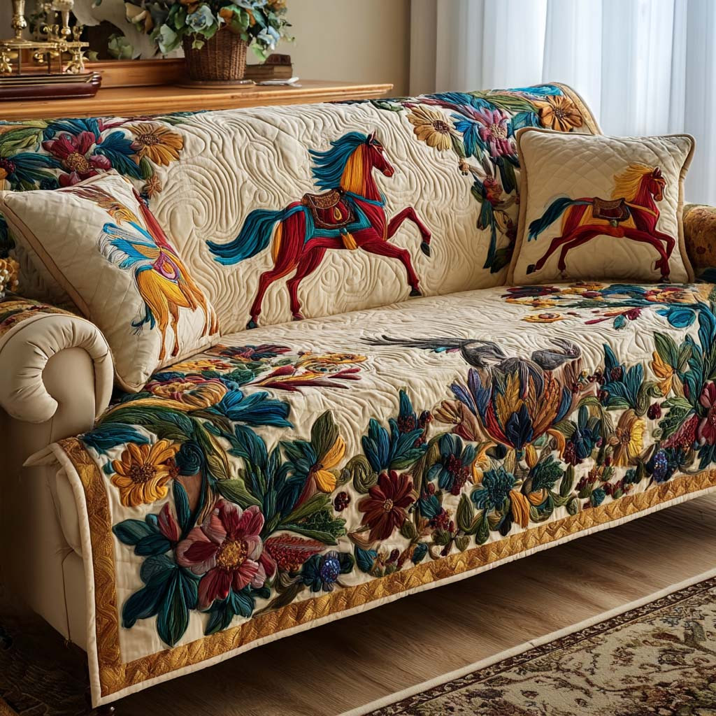 Blooming Horse Quilted Sofa Cover Cool Couch Slipcovers Unique Gifts For Horse Lovers - Tradiviet