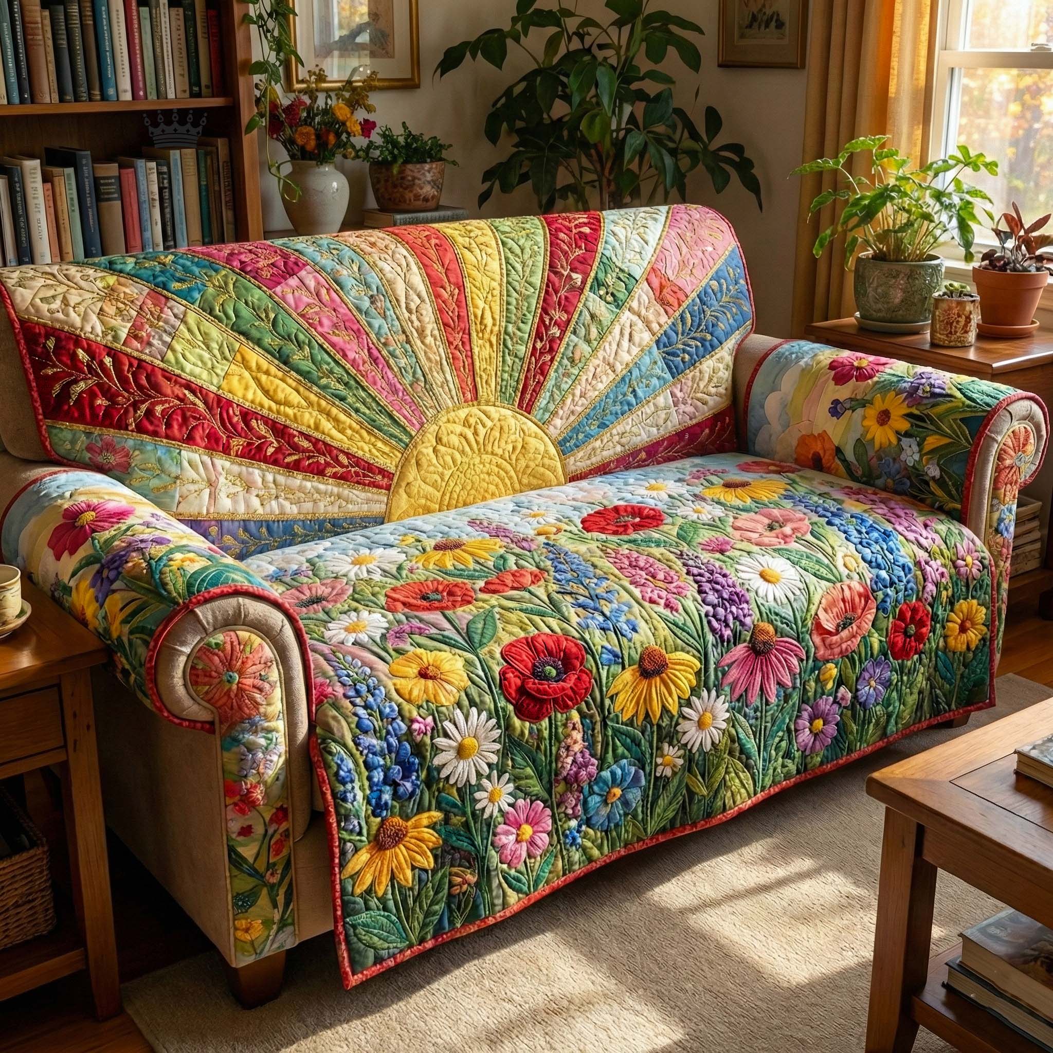 Blooming Meadow Quilted Sofa Cover Floral Home Couch Cover Bear Gifts For Baby - Tradiviet