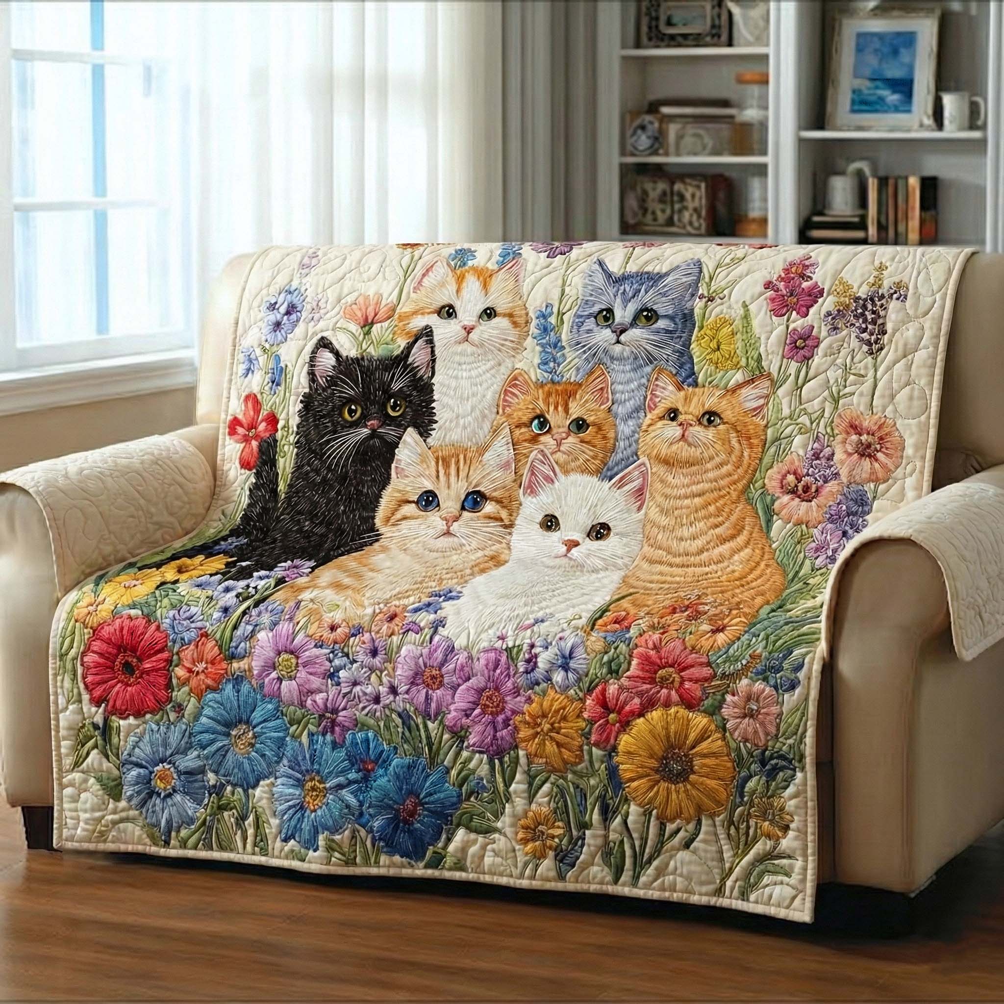 Blooming Meadow Quilted Sofa Cover Floral Home Couch Cover Cool Room Decor Gifts - Tradiviet