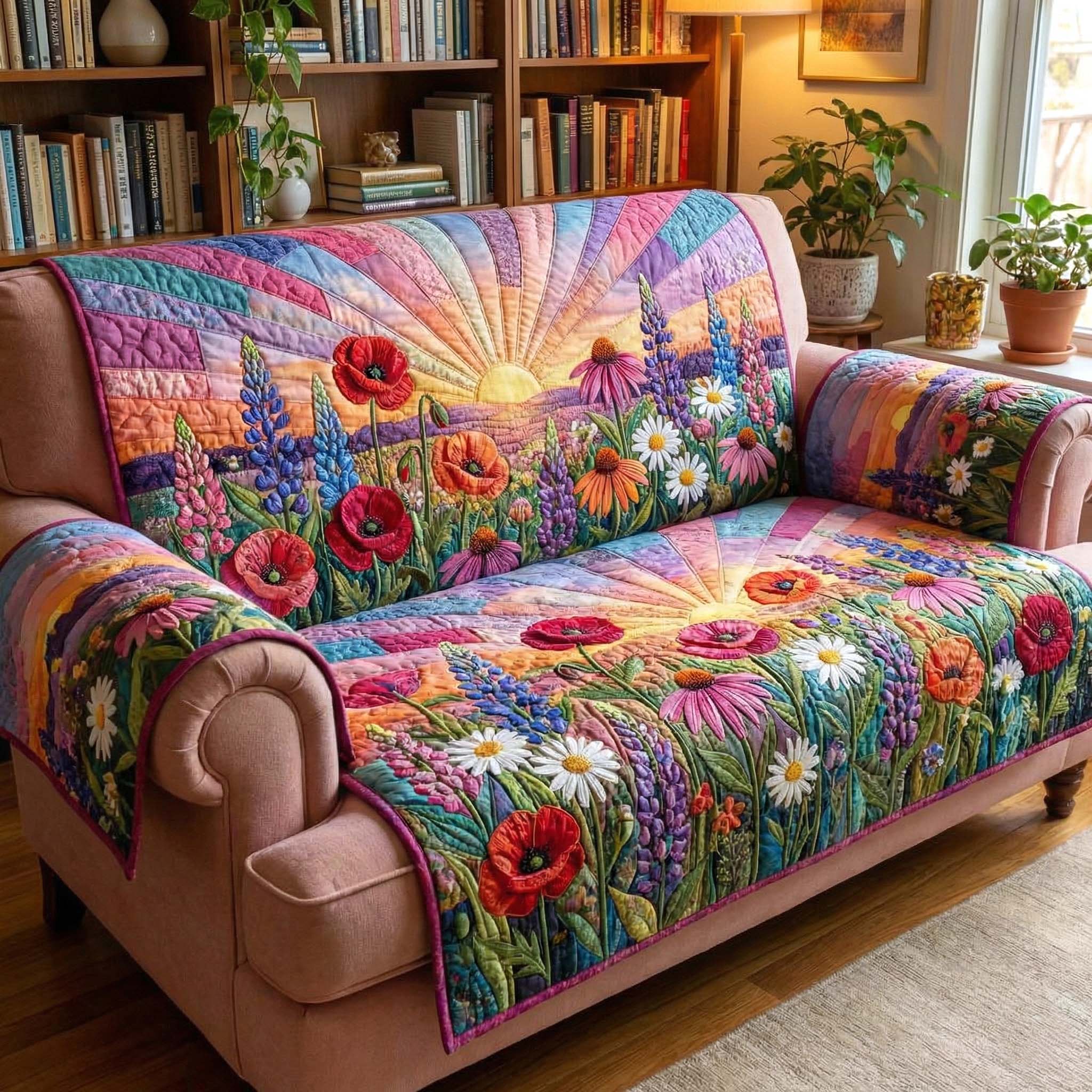 Blooming Meadow Quilted Sofa Cover Floral Home Couch Cover Gifts For House Lovers - Tradiviet
