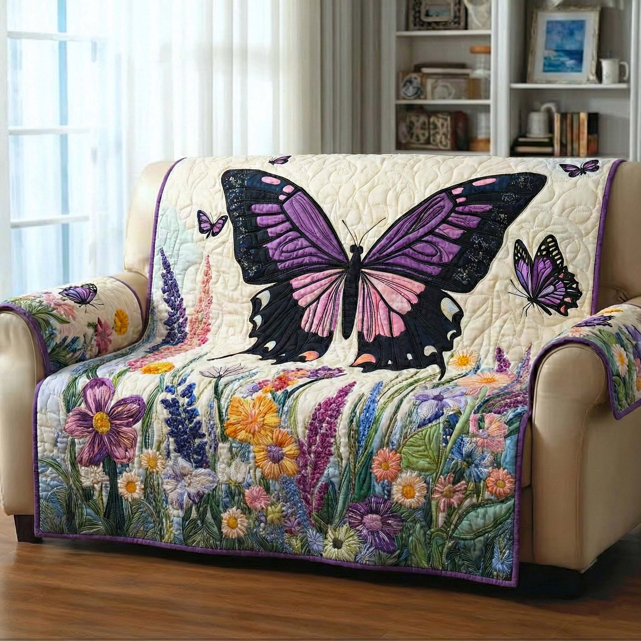 Blooming Meadow Quilted Sofa Cover Floral Home Couch Cover Unique Home Decor Gifts - Tradiviet