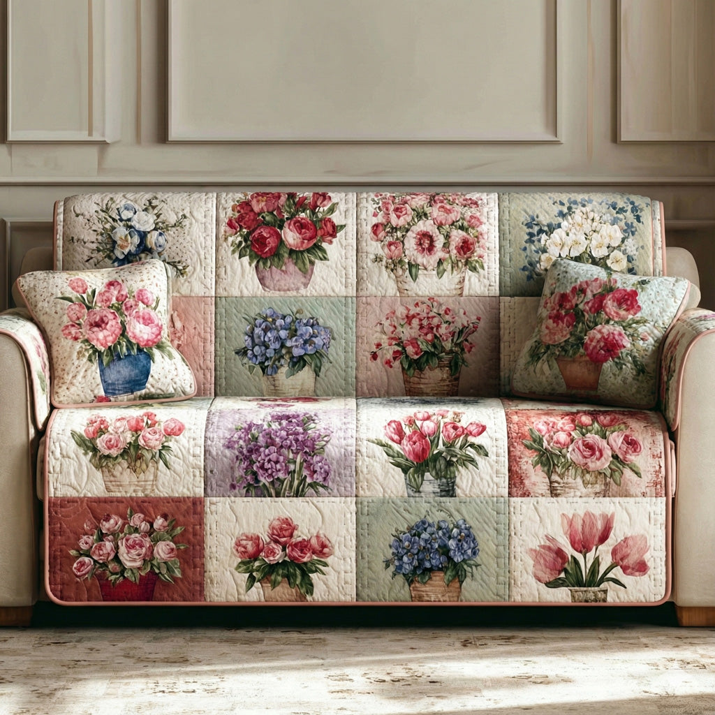 Blooming Patchwork Quilted Sofa Cover Unique Home Room Decor Gift For Cozy Spaces - Tradiviet