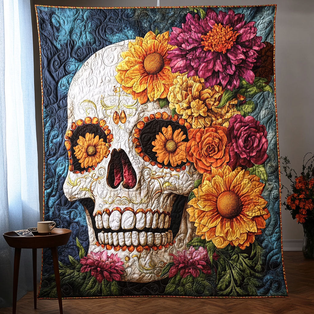 Blooming Skull Quilted Blanket Autumn Inspired Bedroom Gift For Men - Tradiviet