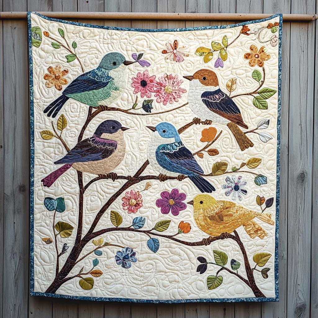 Blossom Birds Quilted Blanket 4Th Of July Gift For Farmhouse Decor - Tradiviet